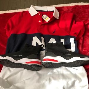Nautica polo shirt and running shoes